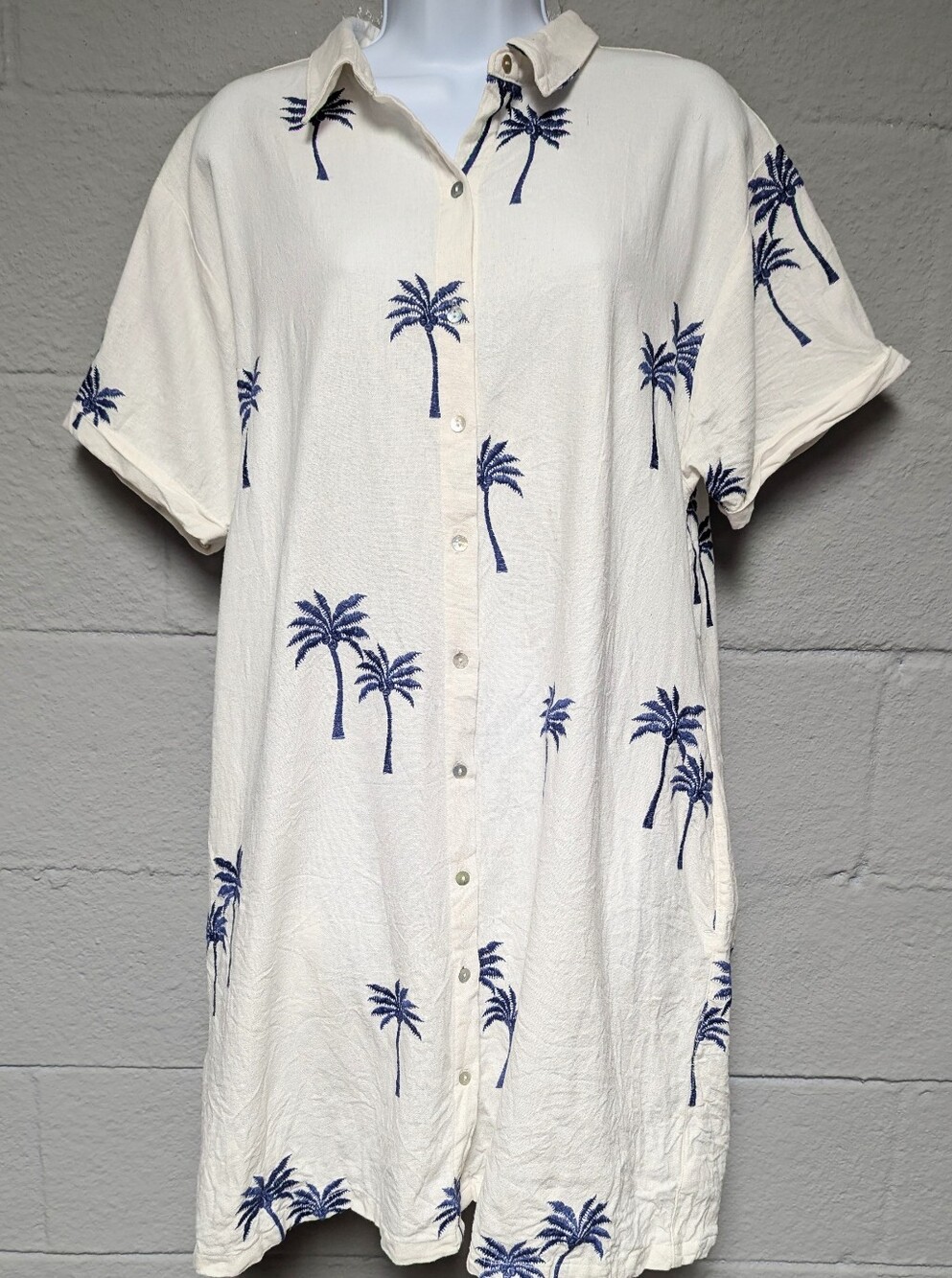 Calypso St Barth Linen Blend Shirt Dress Size XL Palm Tree Embroidery